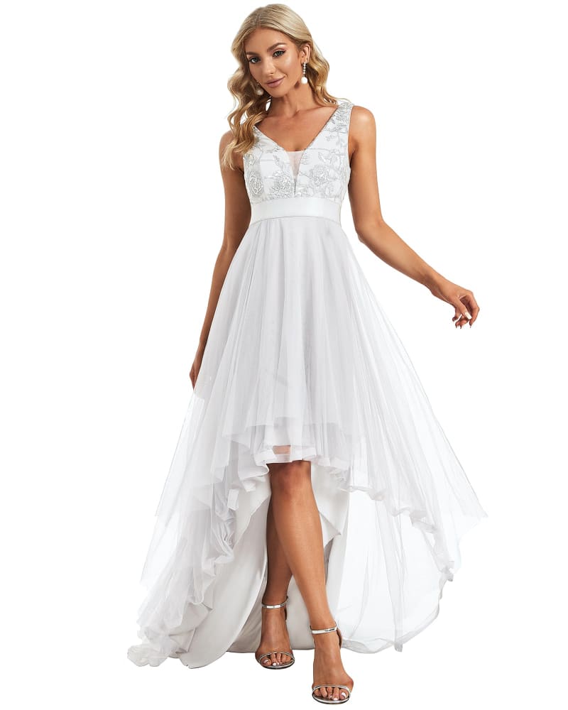 Front of a model wearing a size 26 Sleeveless V-back Tulle High-Low Sequin Appliques Evening Dresses in Cream by Ever-Pretty. | dia_product_style_image_id:310978